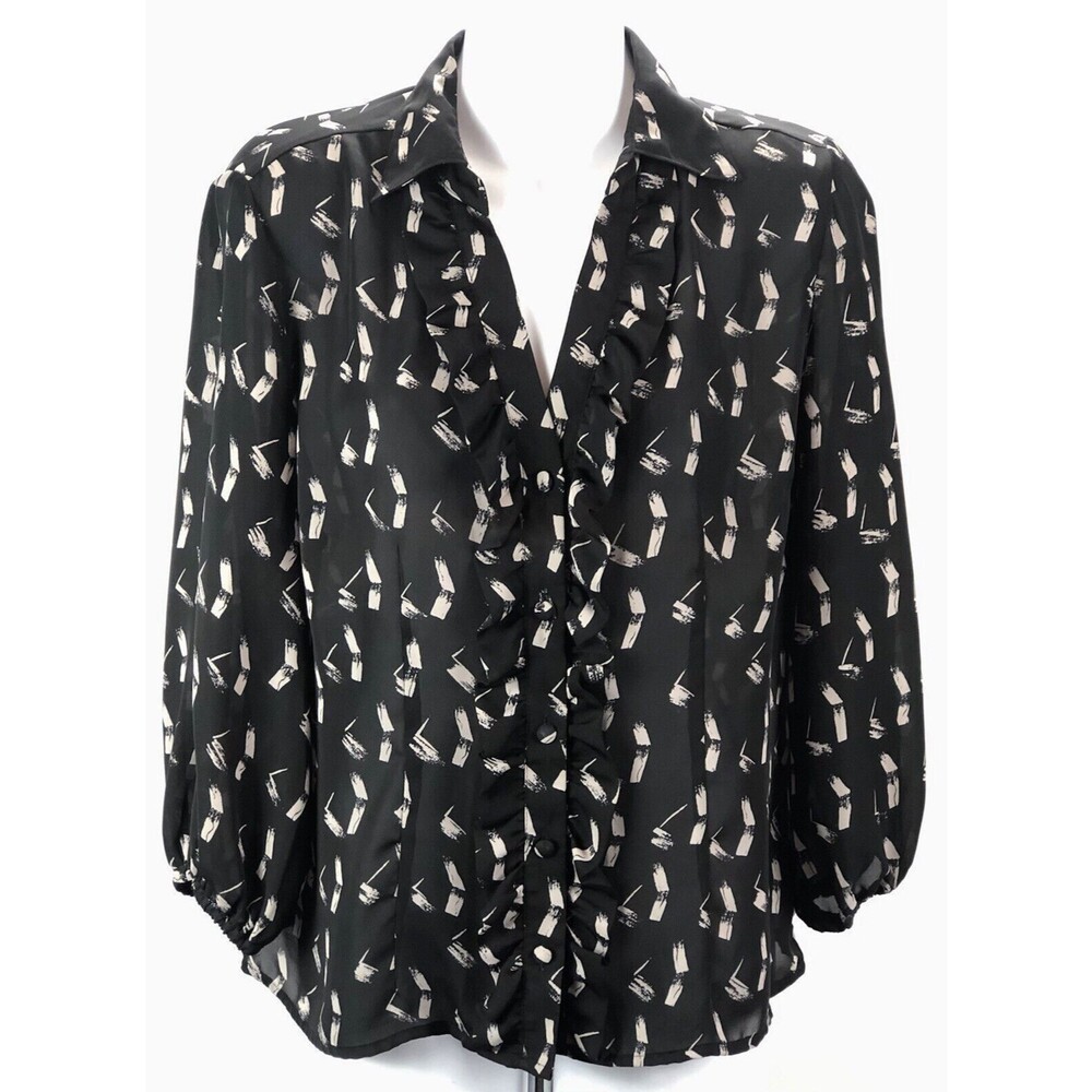 Jaclyn Smith Silky Top M Black Geo Button Up Ruffles V-Neck 1/2 Sleeves Career